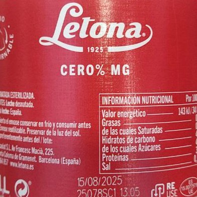 llet de vaca DESNATADA 1 l Letona no eco, envàs retornable