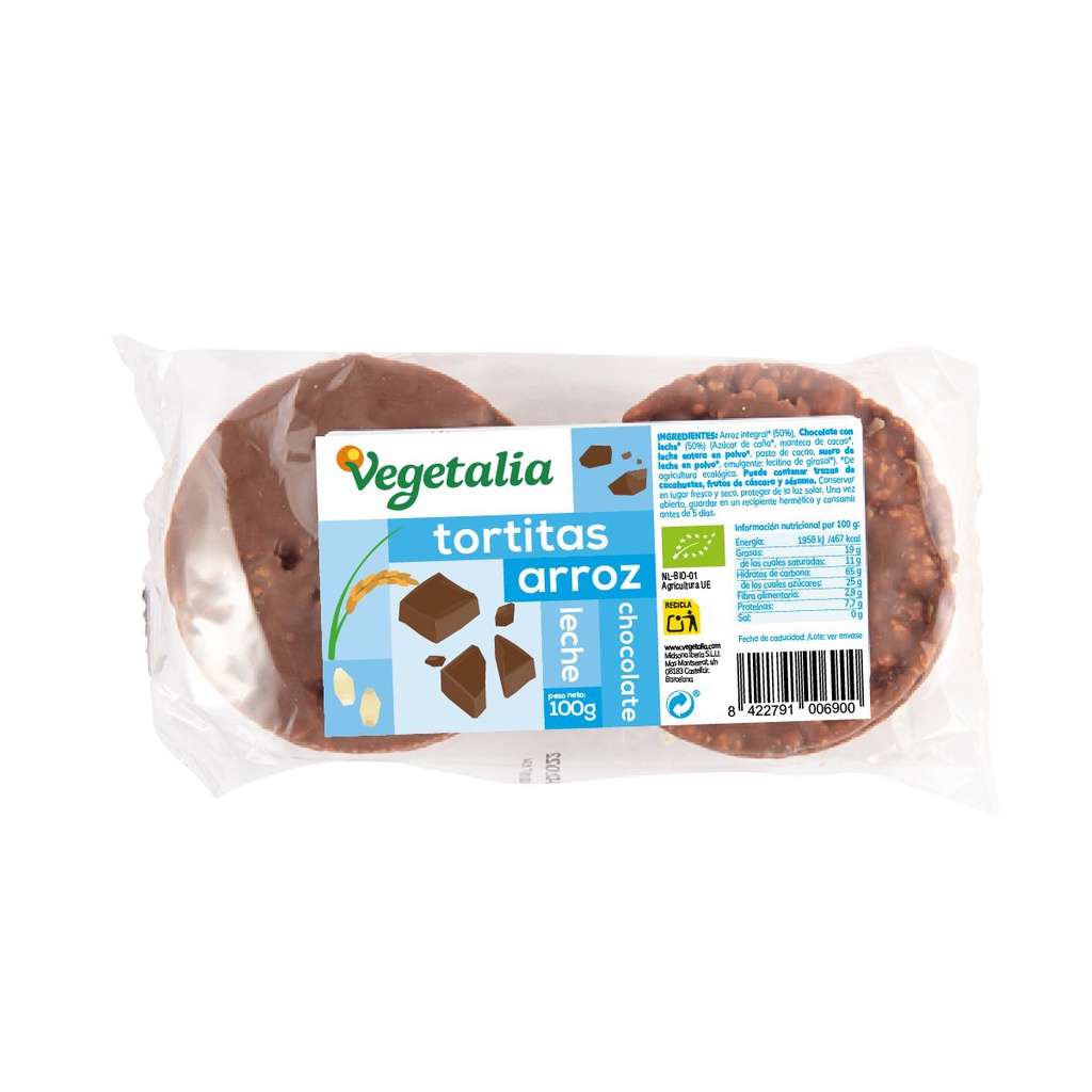 tortetes d'arròs amb xocolata llet 100 g Vegetalia